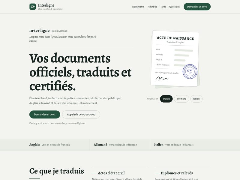 Aperçu ordinateur du template Interligne